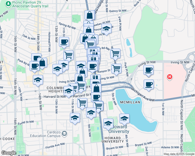 map of restaurants, bars, coffee shops, grocery stores, and more near 653 Irving Street Northwest in Washington