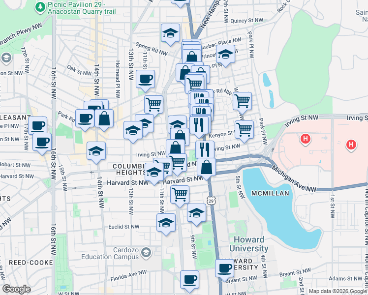 map of restaurants, bars, coffee shops, grocery stores, and more near 101 Independence Avenue Southeast in Washington