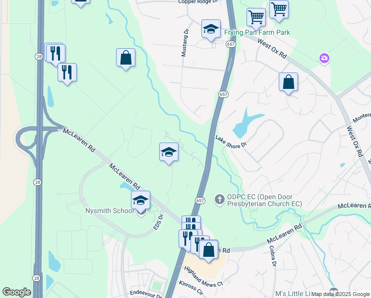 map of restaurants, bars, coffee shops, grocery stores, and more near 13600 Cedar Run Lane in Herndon