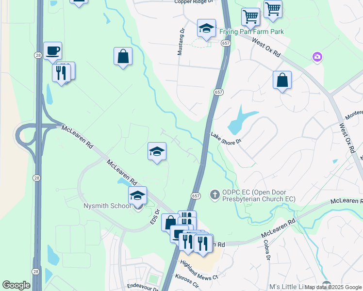 map of restaurants, bars, coffee shops, grocery stores, and more near 13600 Cedar Run Lane in Herndon