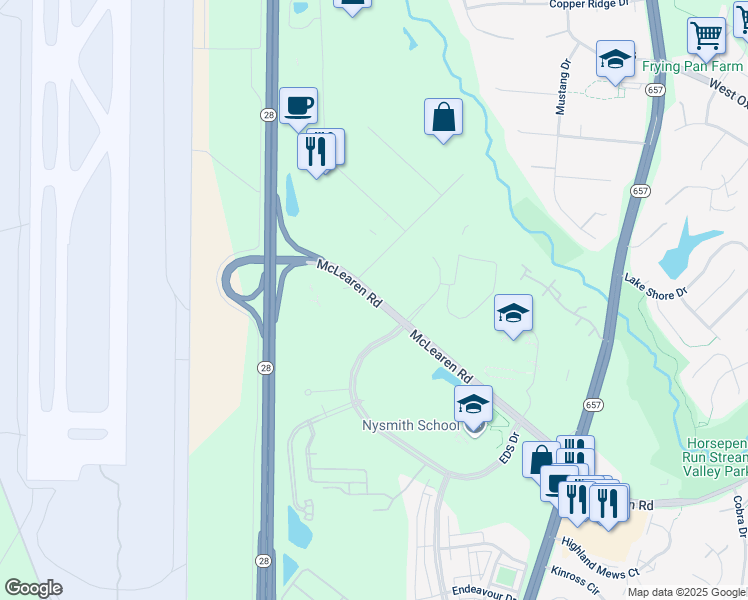 map of restaurants, bars, coffee shops, grocery stores, and more near 13857 McLearen Road in Herndon