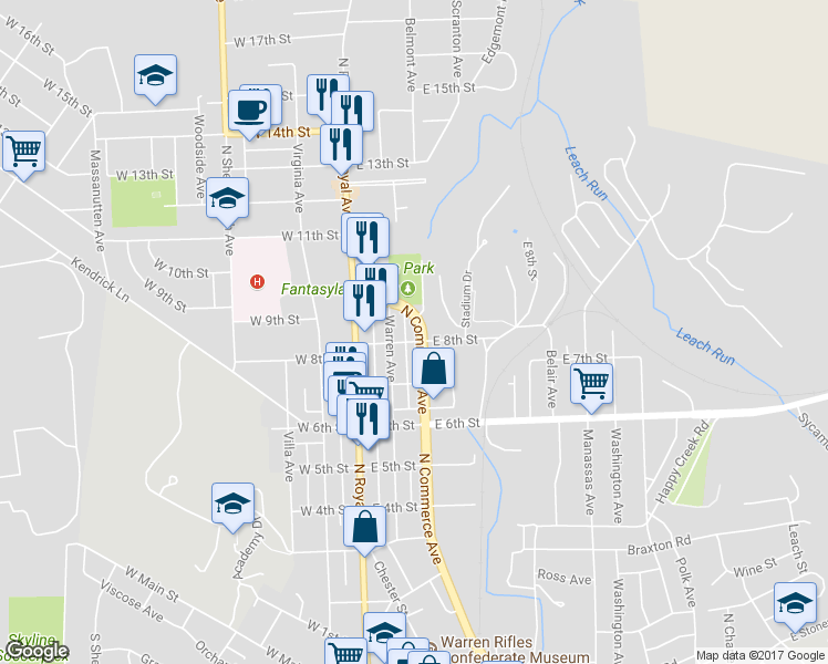 map of restaurants, bars, coffee shops, grocery stores, and more near 808 North Commerce Avenue in Front Royal