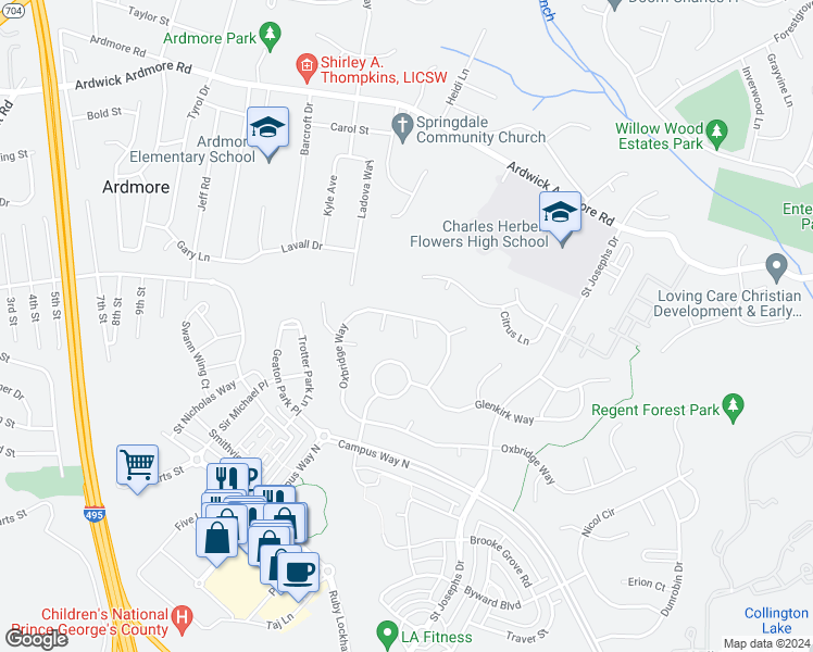 map of restaurants, bars, coffee shops, grocery stores, and more near 9630 Oxbridge Way in Bowie