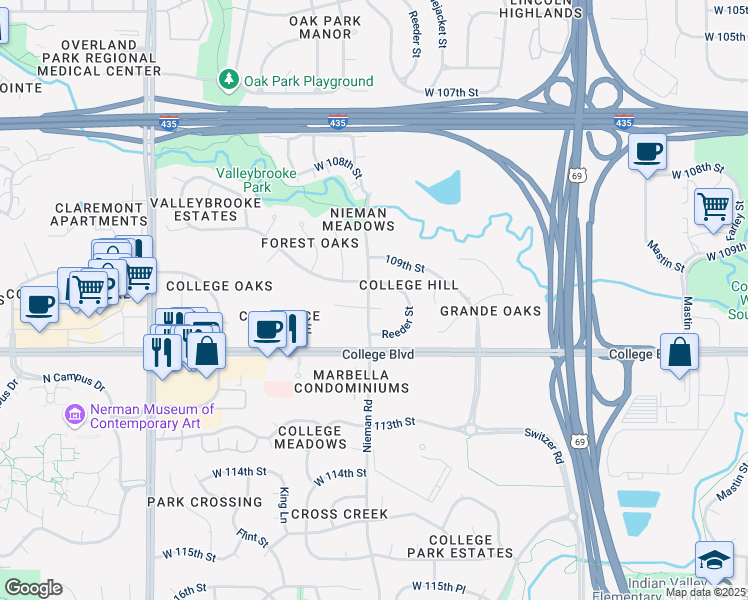 map of restaurants, bars, coffee shops, grocery stores, and more near 11111 West 109th Street in Overland Park