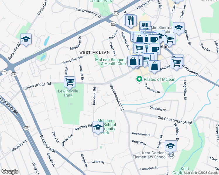 map of restaurants, bars, coffee shops, grocery stores, and more near 1532 Westmoreland Street in McLean