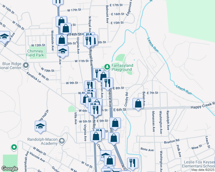 map of restaurants, bars, coffee shops, grocery stores, and more near 808 North Commerce Avenue in Front Royal