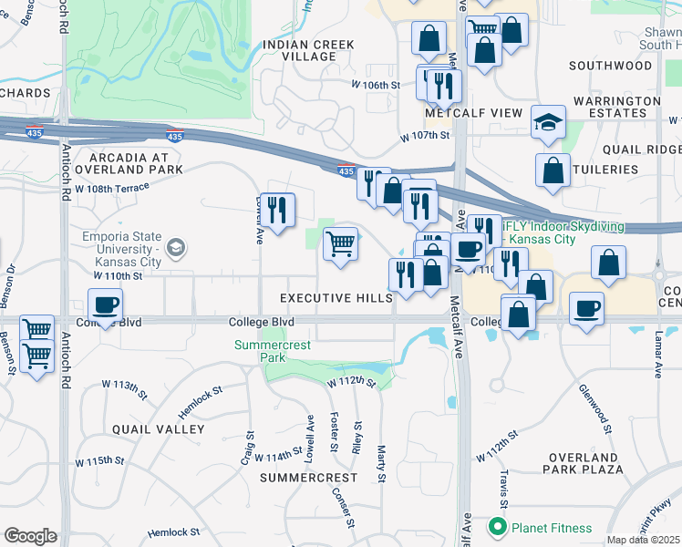 map of restaurants, bars, coffee shops, grocery stores, and more near 7500 College Boulevard in Overland Park