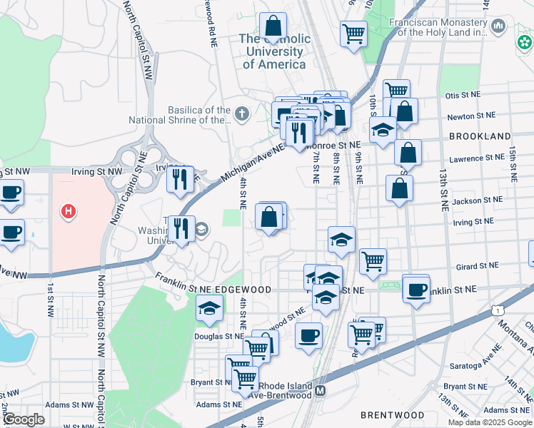 map of restaurants, bars, coffee shops, grocery stores, and more near 522 Regent Place Northeast in Washington