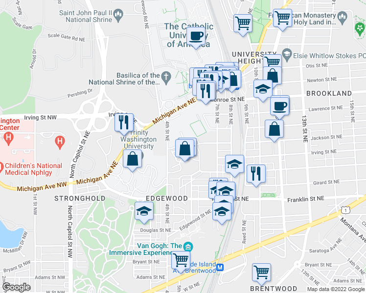 map of restaurants, bars, coffee shops, grocery stores, and more near 522 Regent Place Northeast in Washington