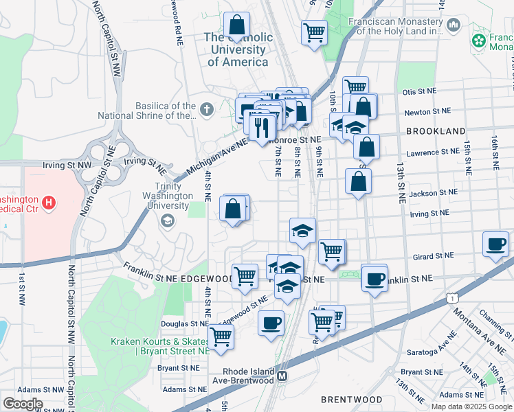 map of restaurants, bars, coffee shops, grocery stores, and more near 631 Regent Place Northeast in Washington
