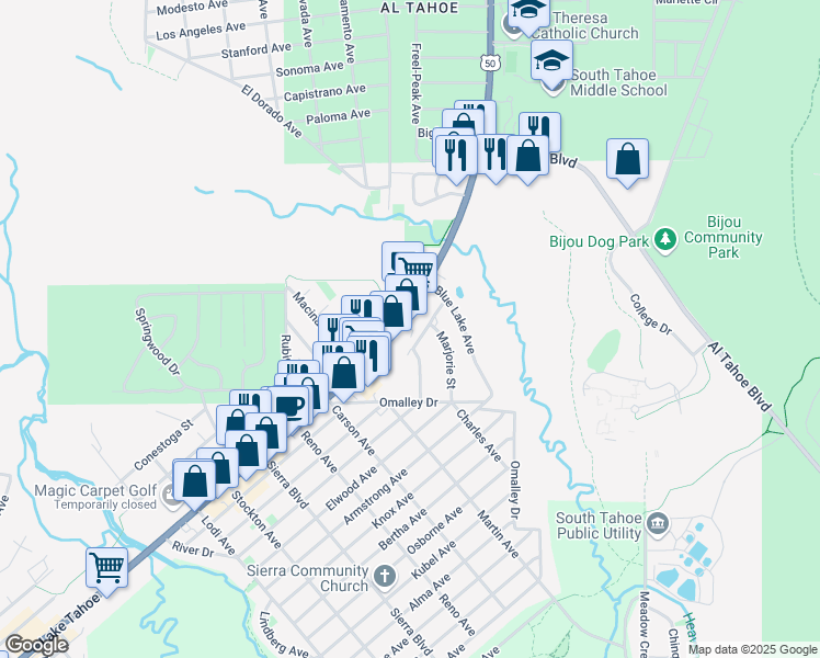 map of restaurants, bars, coffee shops, grocery stores, and more near in South Lake Tahoe