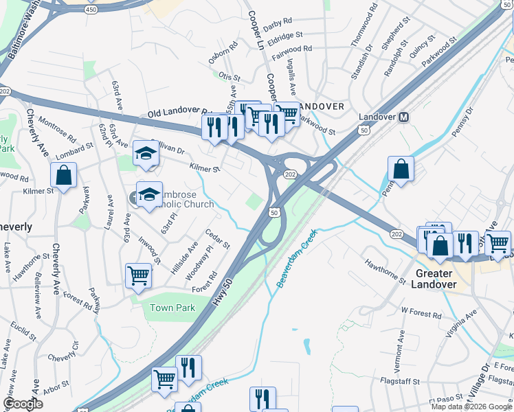 map of restaurants, bars, coffee shops, grocery stores, and more near 6607 Oak Street in Cheverly
