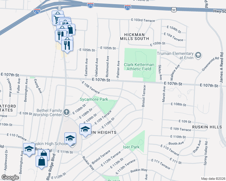 map of restaurants, bars, coffee shops, grocery stores, and more near 7506 East 108th Street in Kansas City