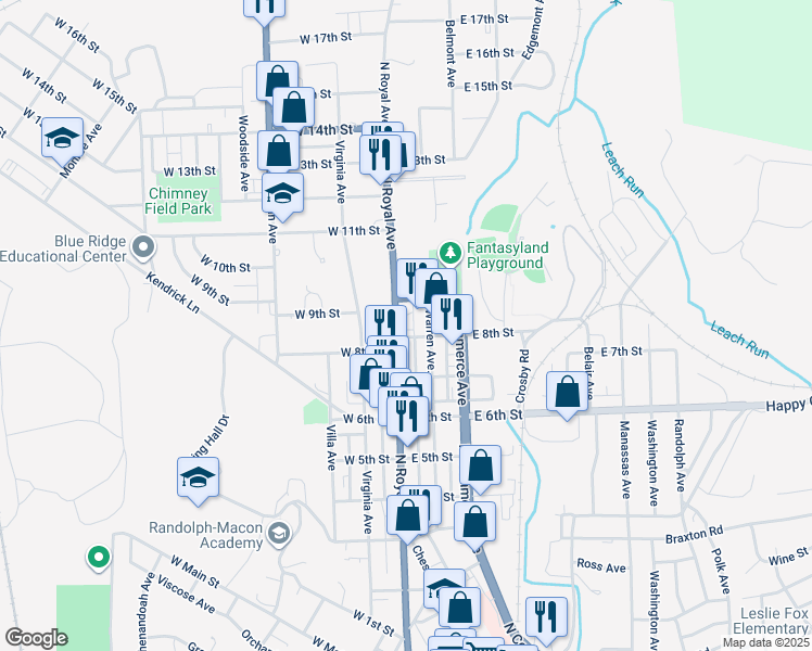 map of restaurants, bars, coffee shops, grocery stores, and more near 811 North Royal Avenue in Front Royal
