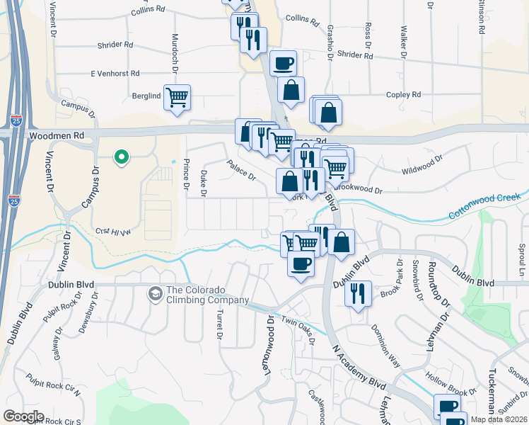 map of restaurants, bars, coffee shops, grocery stores, and more near 6737 Palace Drive in Colorado Springs