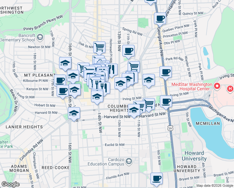 map of restaurants, bars, coffee shops, grocery stores, and more near 101 Independence Avenue Southeast in Washington