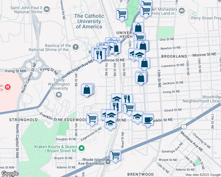 map of restaurants, bars, coffee shops, grocery stores, and more near 709 Jackson Street Northeast in Washington