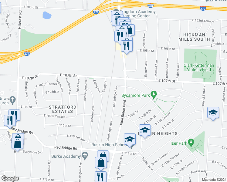 map of restaurants, bars, coffee shops, grocery stores, and more near 10718 Cambridge Avenue in Kansas City