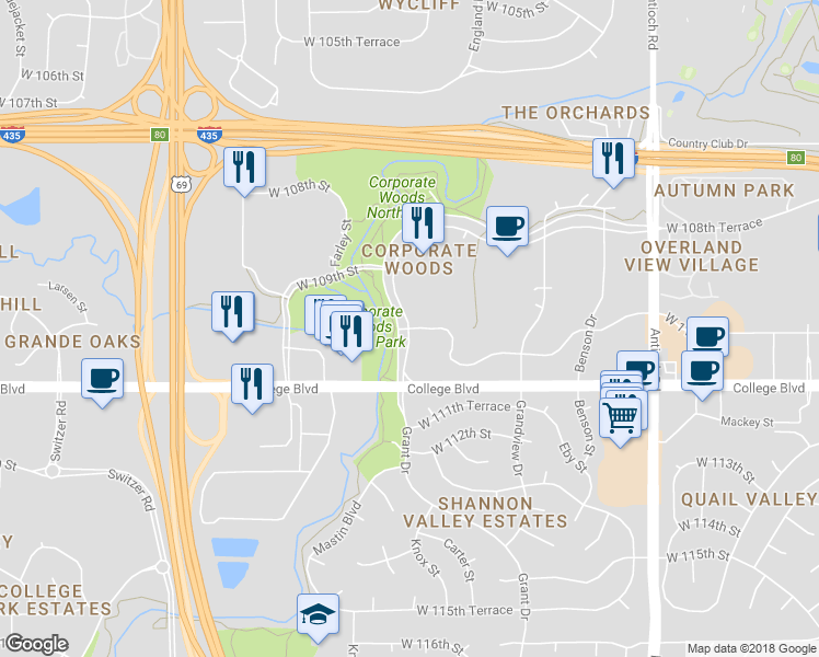 map of restaurants, bars, coffee shops, grocery stores, and more near 12753 West 110th Street in Overland Park