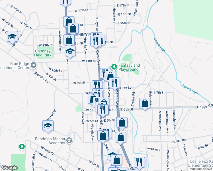 map of restaurants, bars, coffee shops, grocery stores, and more near 810 Warren Avenue in Front Royal