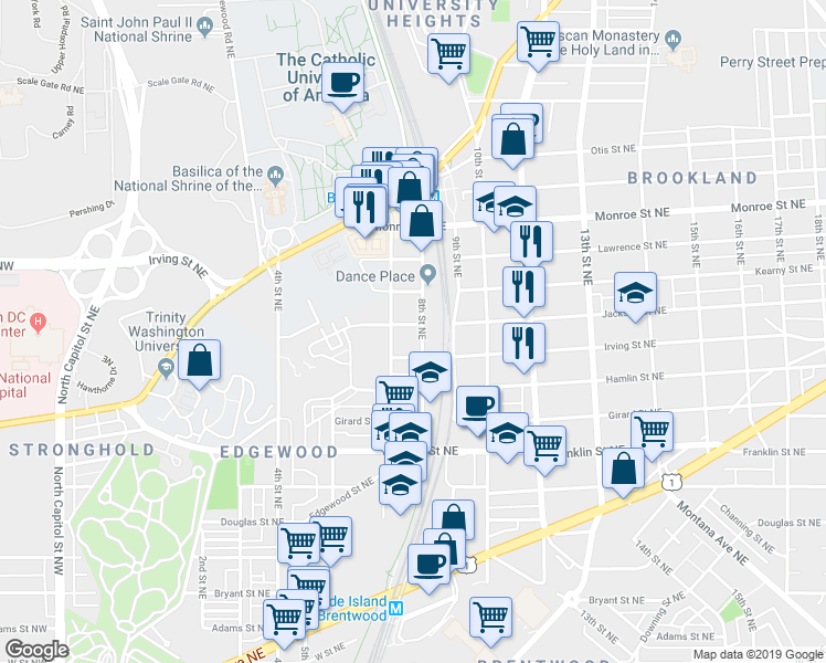 map of restaurants, bars, coffee shops, grocery stores, and more near 713 Jackson Street Northeast in Washington