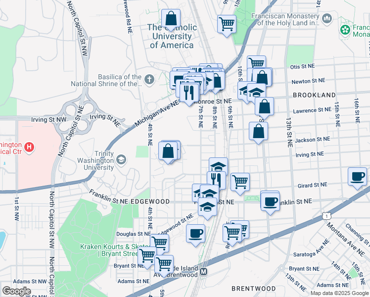 map of restaurants, bars, coffee shops, grocery stores, and more near 633 Regent Place Northeast in Washington