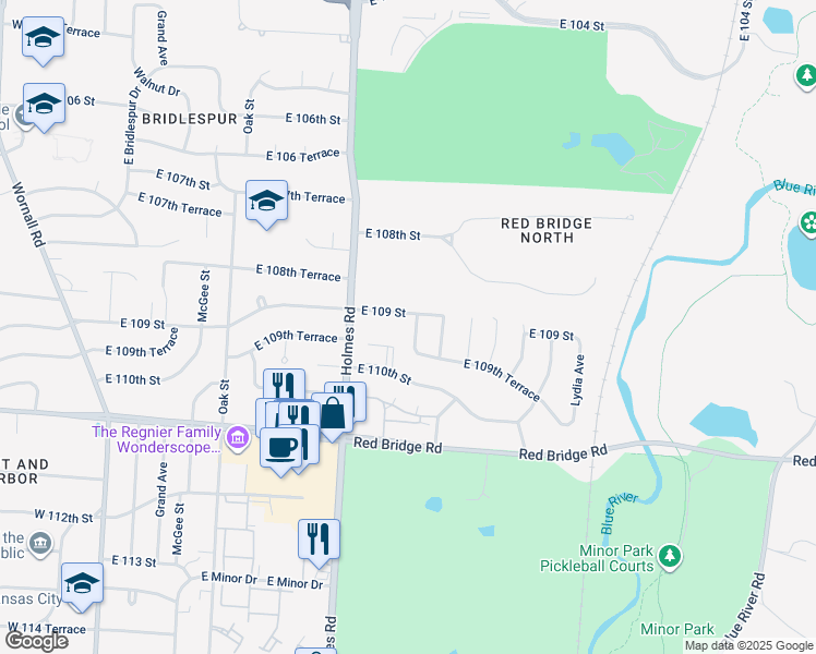 map of restaurants, bars, coffee shops, grocery stores, and more near 815 East 109 Street in Kansas City