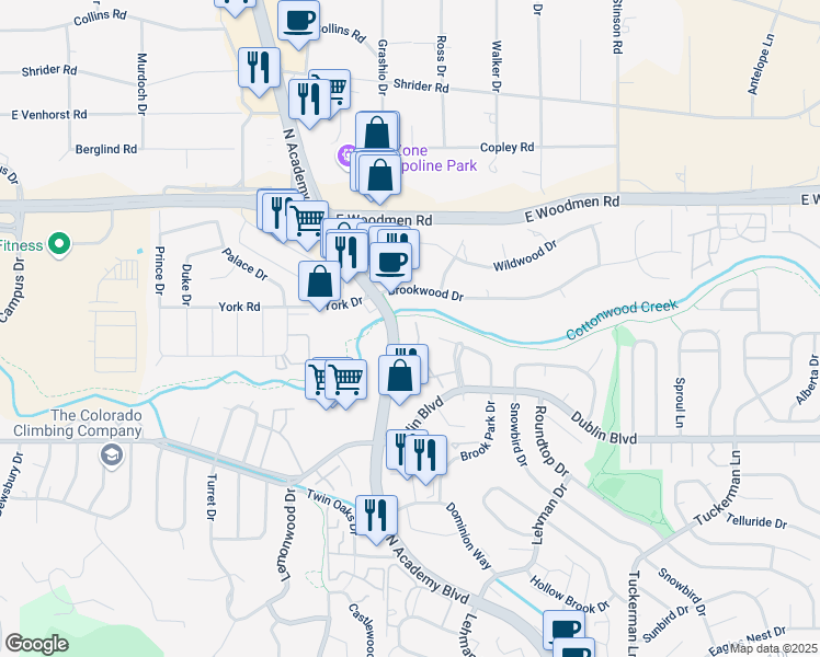 map of restaurants, bars, coffee shops, grocery stores, and more near 6708 Dublin Loop West in Colorado Springs