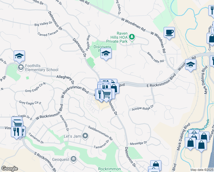 map of restaurants, bars, coffee shops, grocery stores, and more near 152 West Rockrimmon Boulevard in Colorado Springs