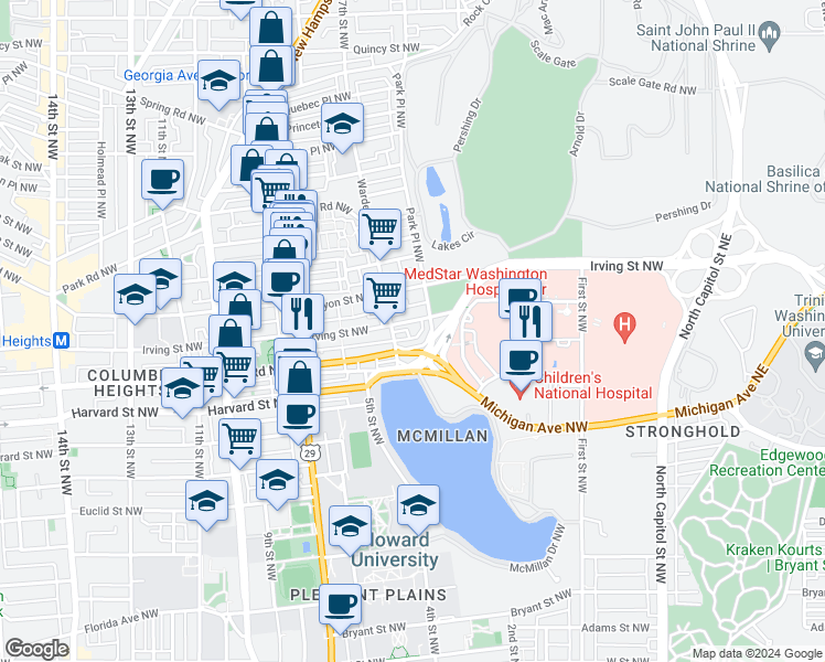 map of restaurants, bars, coffee shops, grocery stores, and more near 430 Irving Street Northwest in Washington