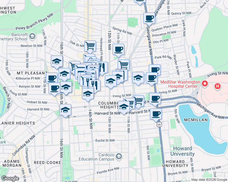 map of restaurants, bars, coffee shops, grocery stores, and more near 101 Independence Avenue Southeast in Washington
