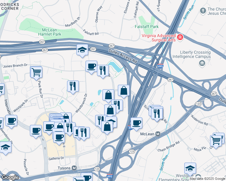 map of restaurants, bars, coffee shops, grocery stores, and more near 7938 Jones Branch Drive in Tysons