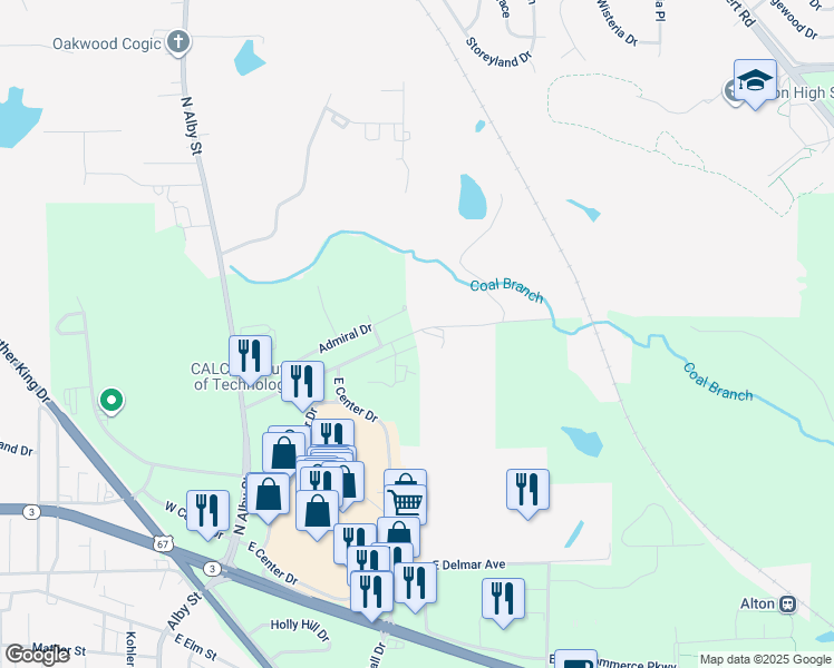 map of restaurants, bars, coffee shops, grocery stores, and more near 402 Big Arch Road in Godfrey