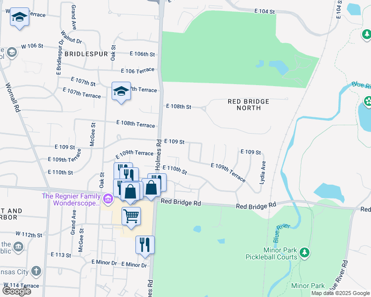 map of restaurants, bars, coffee shops, grocery stores, and more near 815 East 109 Street in Kansas City