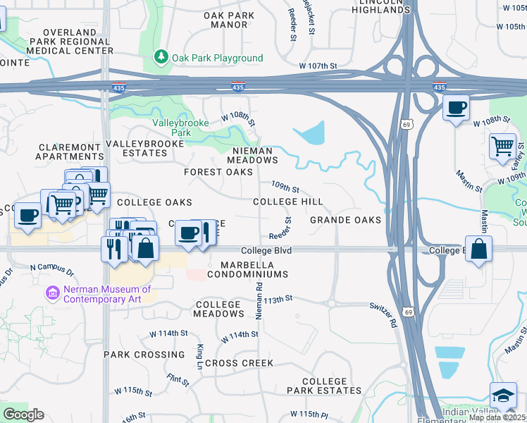 map of restaurants, bars, coffee shops, grocery stores, and more near 11111 West 109th Street in Overland Park