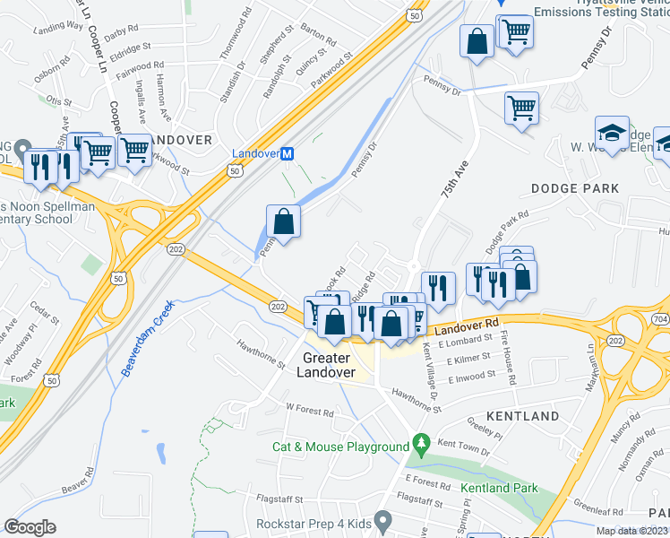 map of restaurants, bars, coffee shops, grocery stores, and more near 3006 Pinebrook Road in Greater Landover