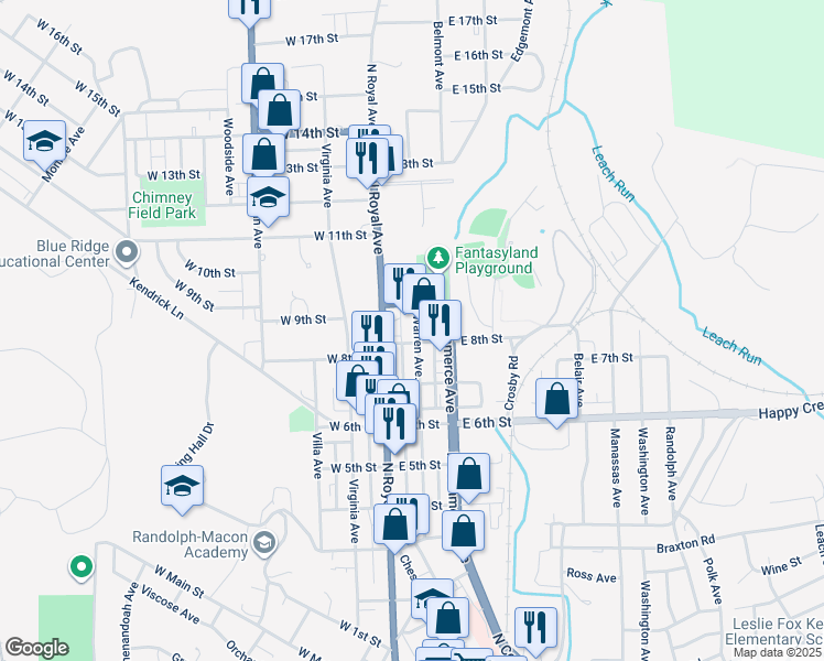 map of restaurants, bars, coffee shops, grocery stores, and more near 810 Warren Avenue in Front Royal