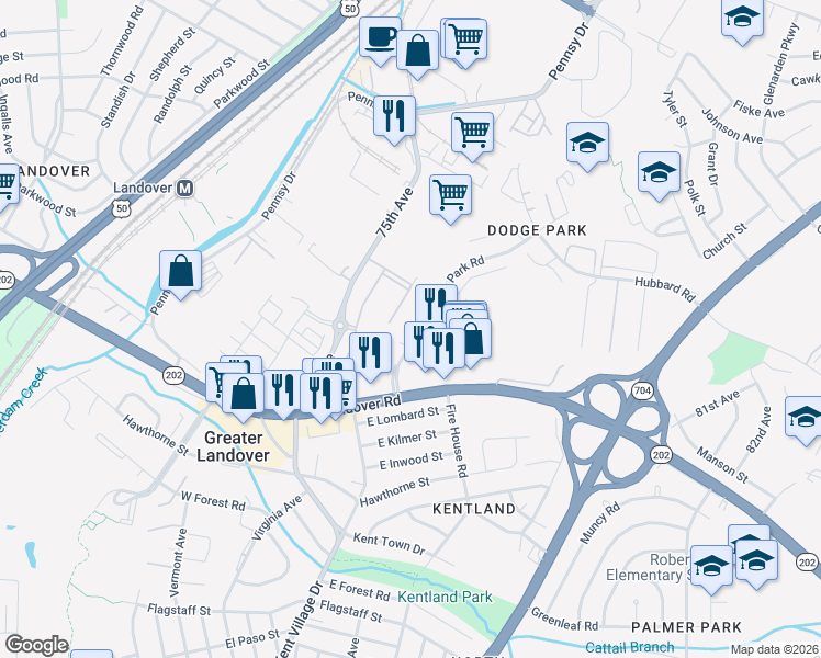 map of restaurants, bars, coffee shops, grocery stores, and more near 3316 Dodge Park Road in Hyattsville