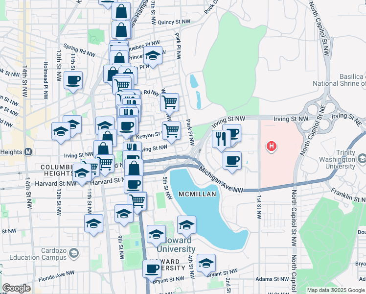 map of restaurants, bars, coffee shops, grocery stores, and more near 430 Irving Street Northwest in Washington