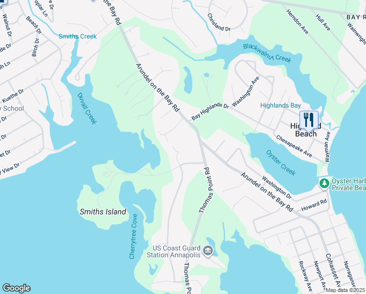 map of restaurants, bars, coffee shops, grocery stores, and more near 3303 Hidden River View Road in Annapolis