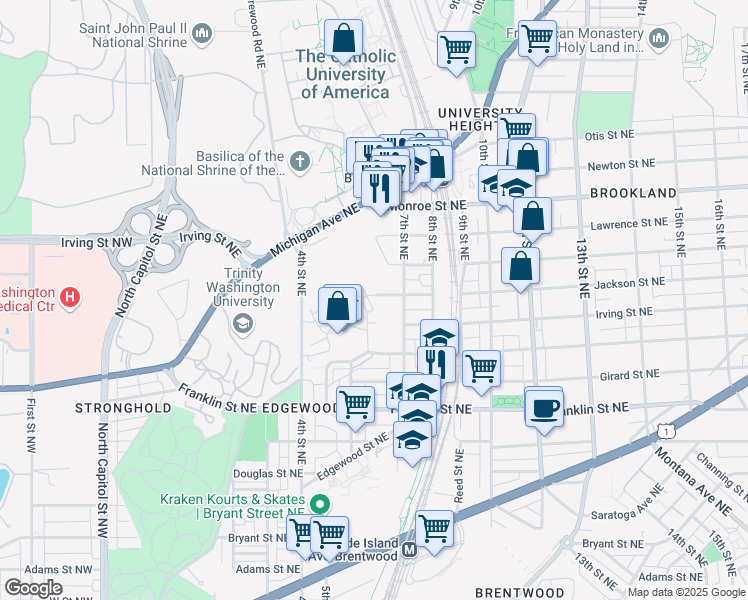 map of restaurants, bars, coffee shops, grocery stores, and more near 631 Regent Place Northeast in Washington