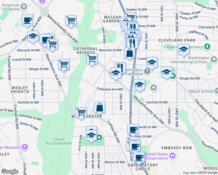 map of restaurants, bars, coffee shops, grocery stores, and more near 3833 Cathedral Avenue Northwest in Washington