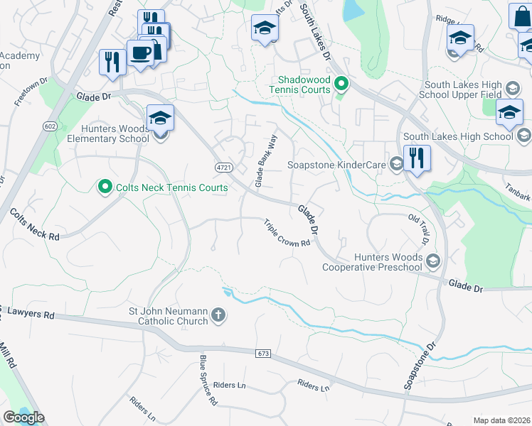 map of restaurants, bars, coffee shops, grocery stores, and more near 11816 State Route 4707 in Reston