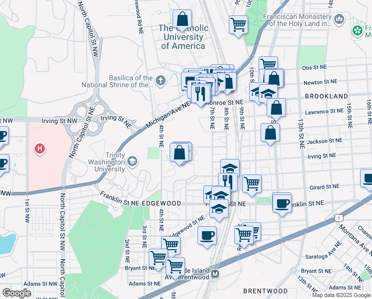 map of restaurants, bars, coffee shops, grocery stores, and more near 570 Regent Place Northeast in Washington