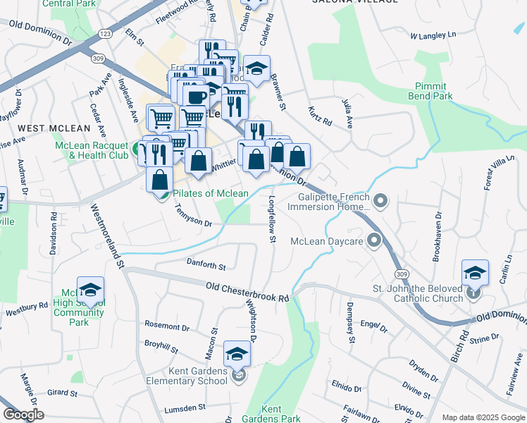 map of restaurants, bars, coffee shops, grocery stores, and more near 6655 Chilton Court in McLean