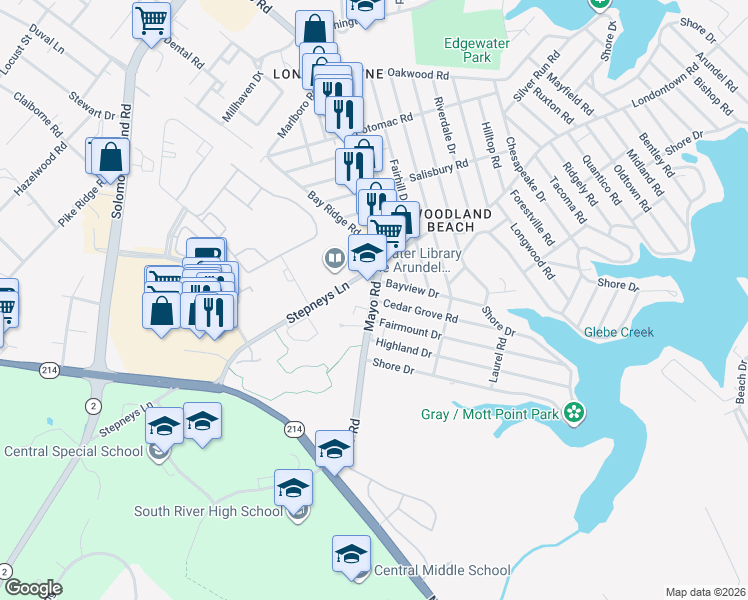 map of restaurants, bars, coffee shops, grocery stores, and more near 233 Mayo Rd in Edgewater