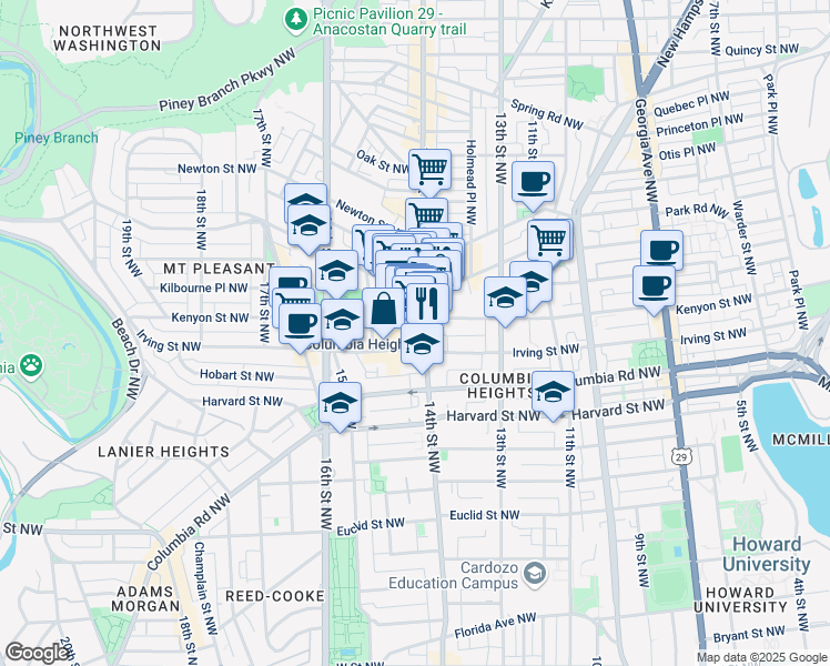 map of restaurants, bars, coffee shops, grocery stores, and more near 3100 14th Street Northwest in Washington