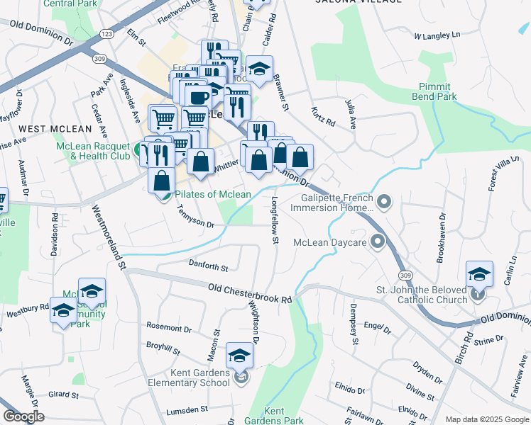 map of restaurants, bars, coffee shops, grocery stores, and more near 6655 Chilton Court in McLean
