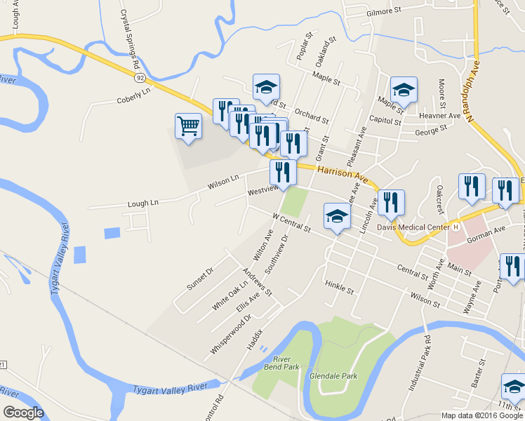 map of restaurants, bars, coffee shops, grocery stores, and more near 1008 West Central Street in Elkins