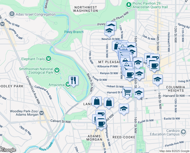 map of restaurants, bars, coffee shops, grocery stores, and more near 1845 Irving Street Northwest in Washington